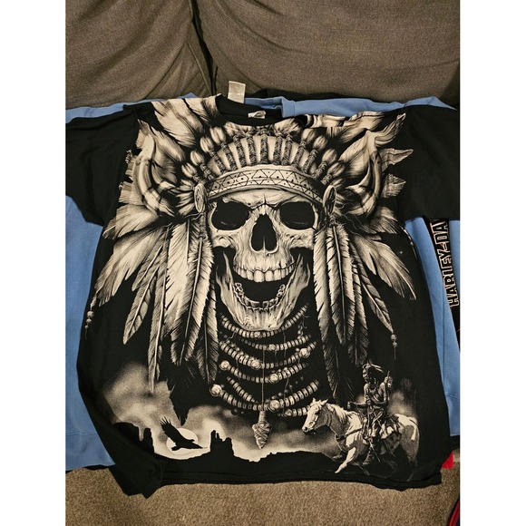 Skull Chief T Shirt Graphic Print Indian Rider Skeleton Tee - Picture 1 of 3